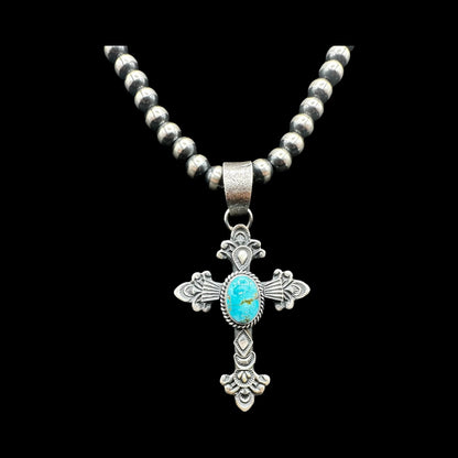 Kevin Billah - Cross Fleury - Turquoise & Sterling Silver Pendant - Handcrafted Native American
