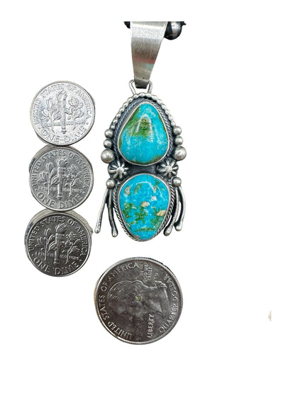 Marco Begay Double Teardrop Pendant – Genuine Sonoran Turquoise and Sterling Silver - Handmade Native American
