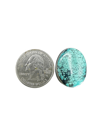 Len Adakai - Oval Cabochon Earrings - Genuine Turquoise Sterling Silver - Handmade Native American