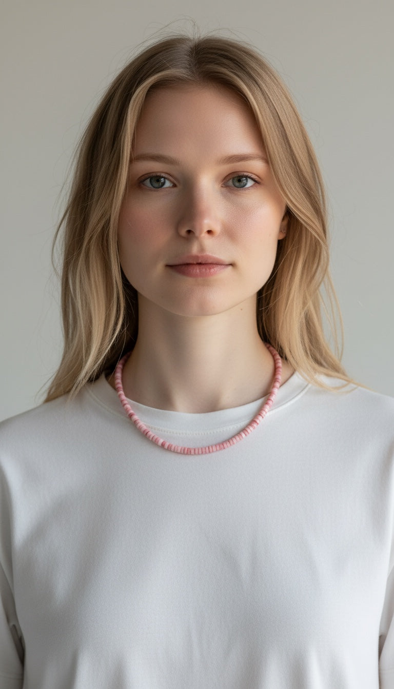 Genuine Jasper Pink Quartz Heishi Necklace –  Resembles Pink Conch Shell - Ready Made