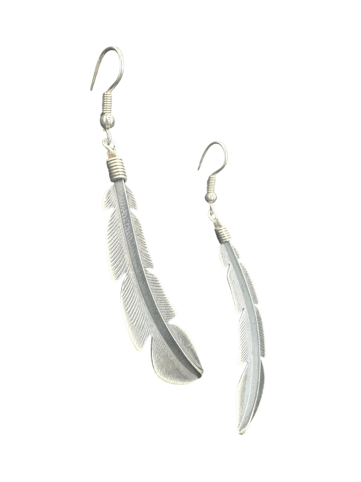 Billy Long Feather Dangle Earrings- Sterling Silver - Handmade Native American