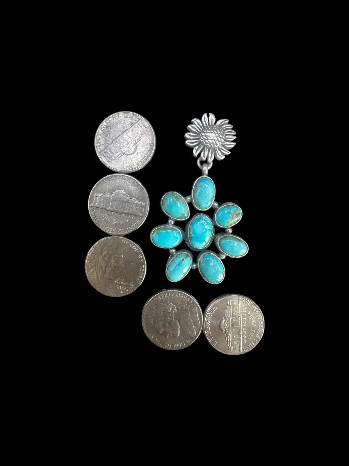 Patricia Yazzie - Large Cluster Drop Earrings – Genuine Sonoran Turquoise and Sterling Silver - Handmade Native American