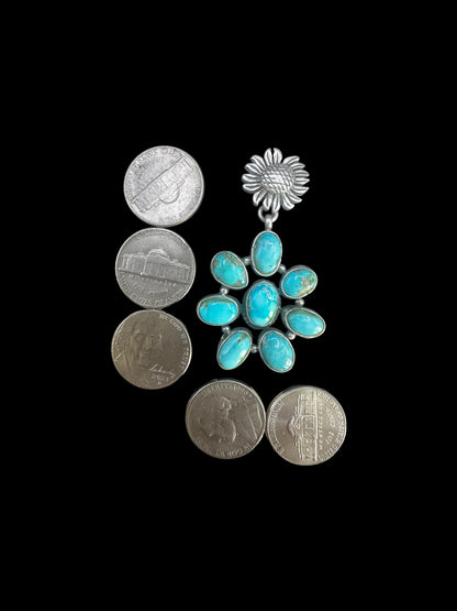 Patricia Yazzie - Large Cluster Drop Earrings – Genuine Sonoran Turquoise and Sterling Silver - Handmade Native American
