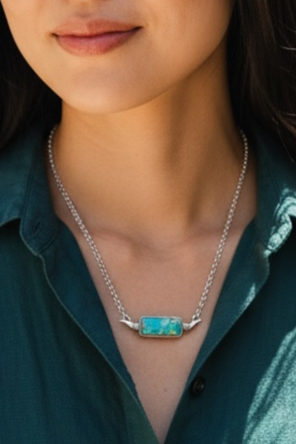 Turquoise and Sterling Silver Longhorn Bar Necklace - Handcrafted Native American
