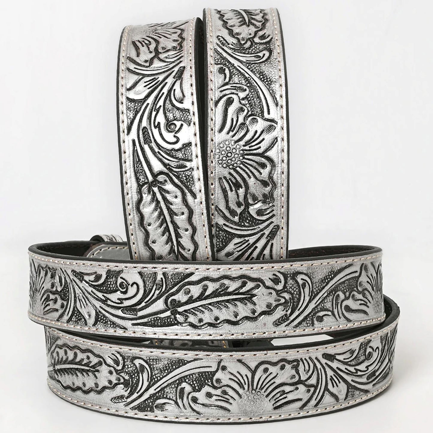 Hand-Tooled Silver Floral Western Leather Belt with Oval Buckle - American Darling