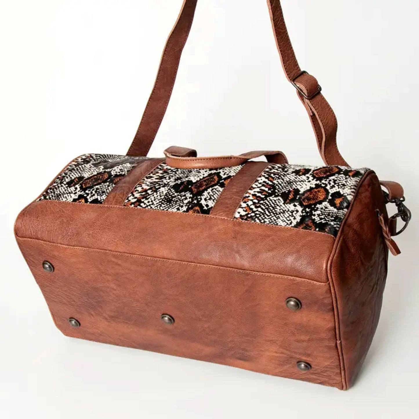 American Darling - Hand-Tooled Western Leather Cowhide Duffel Bag with Snake Print