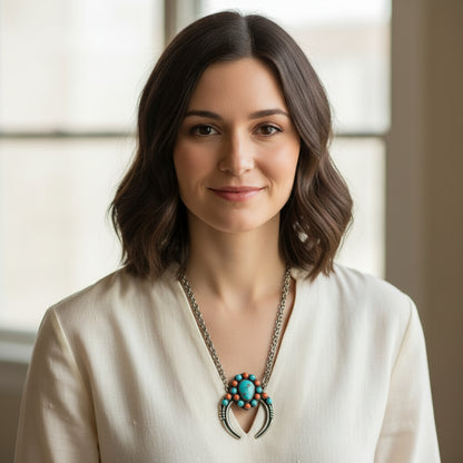 Robert Kelly - Crescent Shaped Pendant & Necklace - Turquoise & Spiny Oyster - Handmade Native American