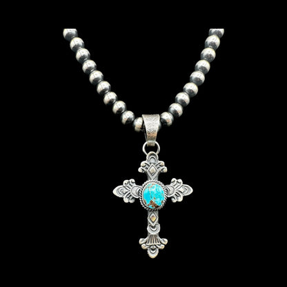 Kevin Billah - Cross Fleury - Turquoise & Sterling Silver Pendant - Handcrafted Native American