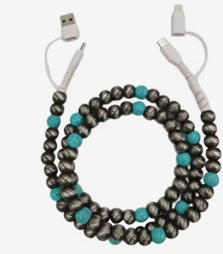 4-in-1 Device Charger - Acrylic Silver Pearls & Turquoise Beads - 1 meter Length