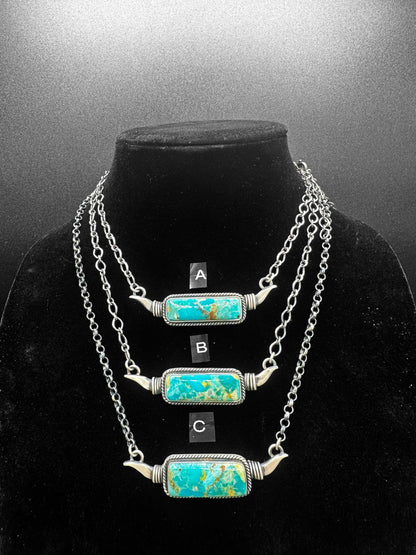 Turquoise and Sterling Silver Longhorn Bar Necklace - Handcrafted Native American