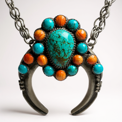 Robert Kelly - Crescent Shaped Pendant & Necklace - Turquoise & Spiny Oyster - Handmade Native American
