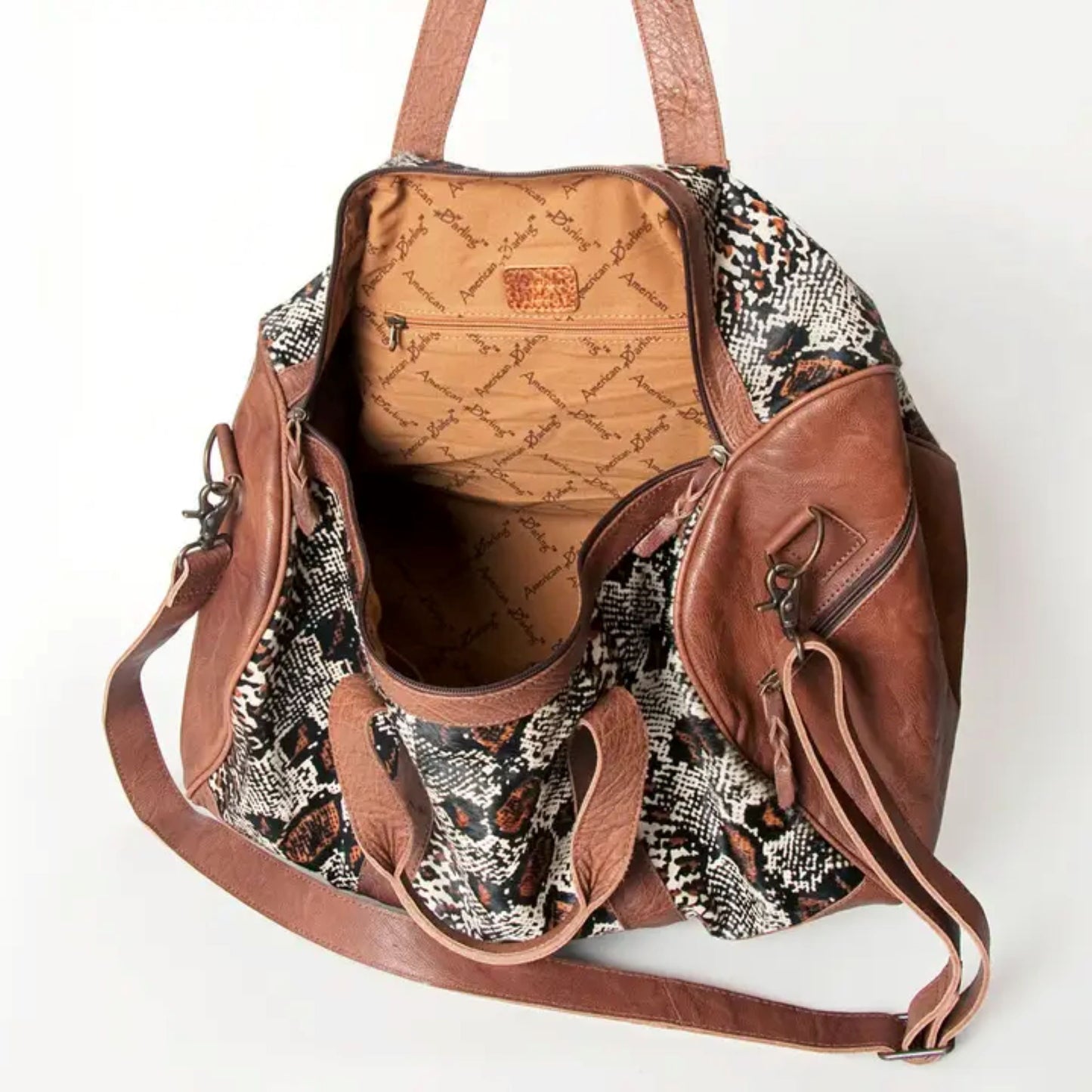 American Darling - Hand-Tooled Western Leather Cowhide Duffel Bag with Snake Print