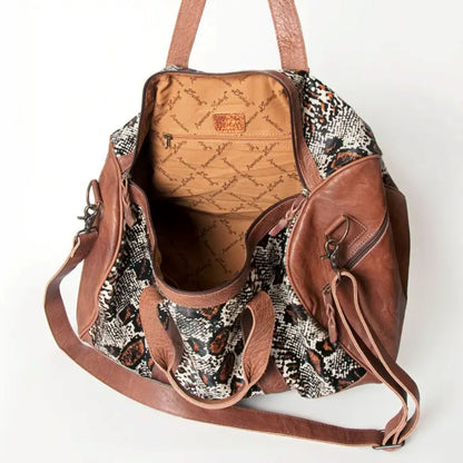 American Darling - Hand-Tooled Western Leather Cowhide Duffel Bag with Snake Print