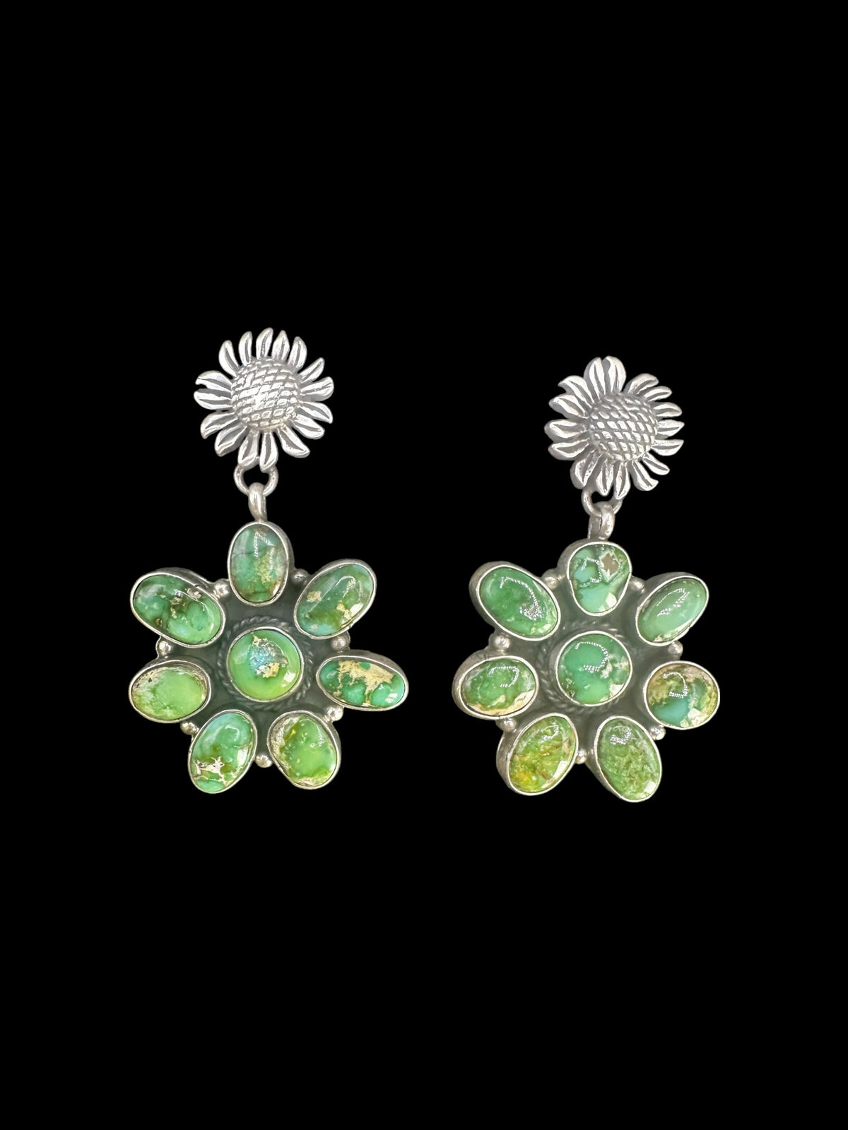 Patricia Yazzie - Large Cluster Drop Earrings – Genuine Sonoran Turquoise and Sterling Silver - Handmade Native American