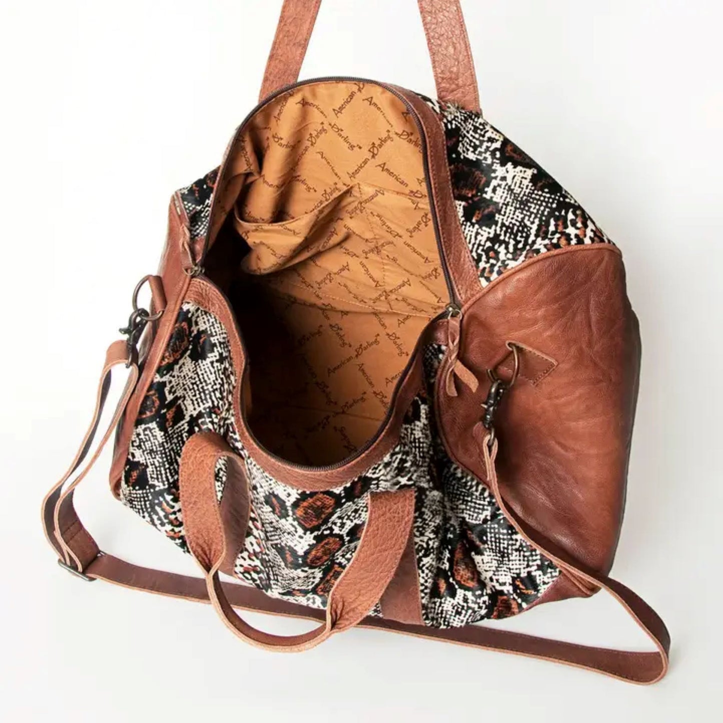 American Darling - Hand-Tooled Western Leather Cowhide Duffel Bag with Snake Print