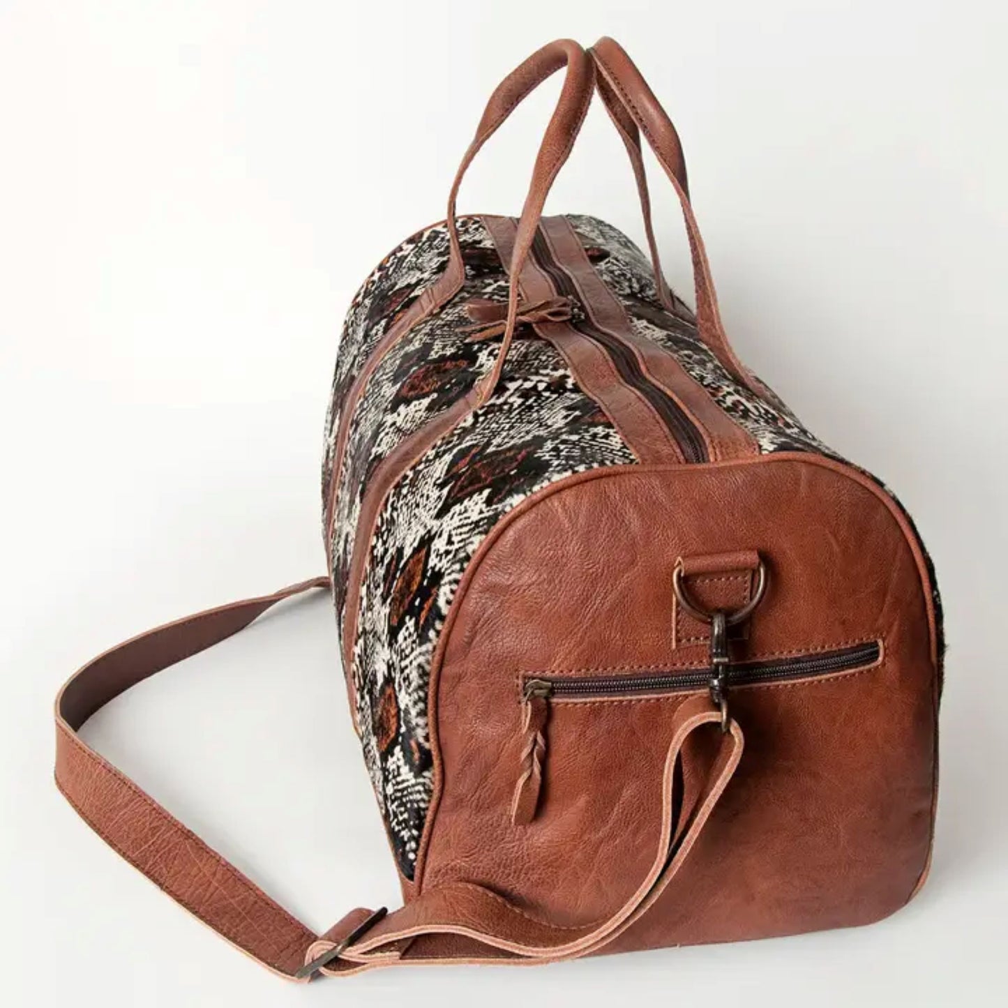 American Darling - Hand-Tooled Western Leather Cowhide Duffel Bag with Snake Print