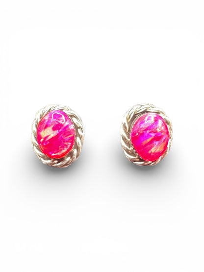 Fire Opal Iridescent Pink & Sterling Silver Stud Earrings - Handmade Zuni Native American