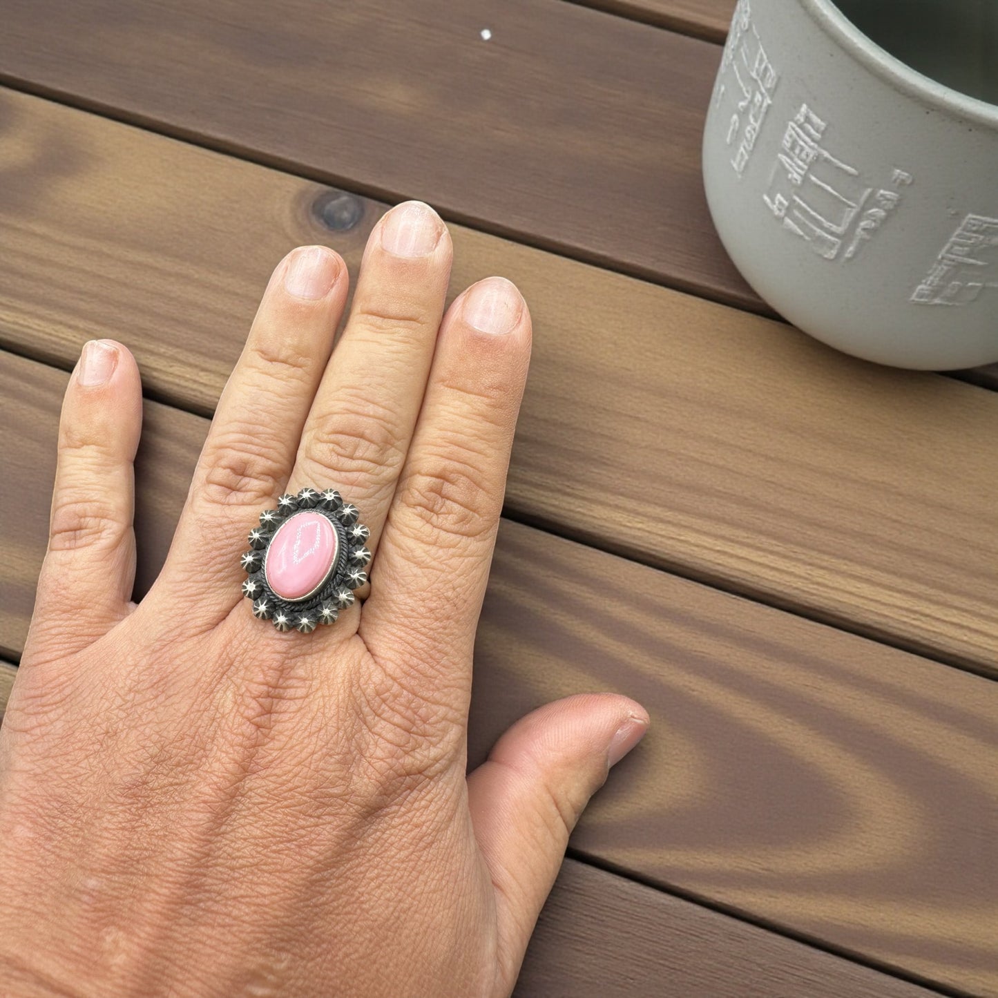 Adjustable Ring - Queen Pink Conch Cabochon and Sterling Silver– Handmade Native American