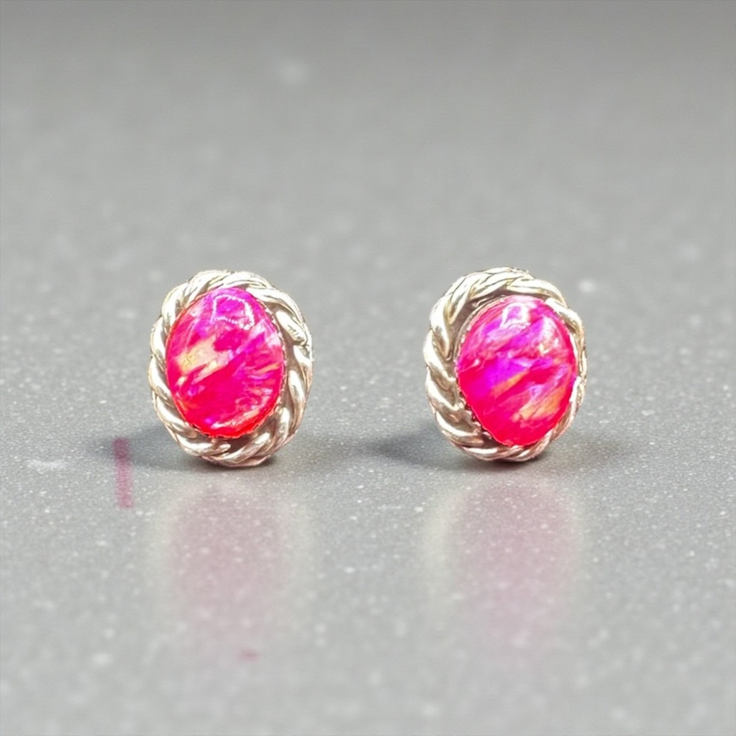 Fire Opal Iridescent Pink & Sterling Silver Stud Earrings - Handmade Zuni Native American