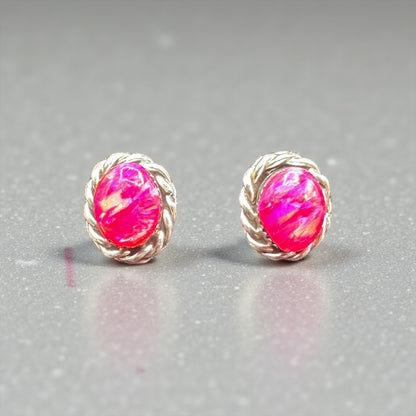 Fire Opal Iridescent Pink & Sterling Silver Stud Earrings - Handmade Zuni Native American
