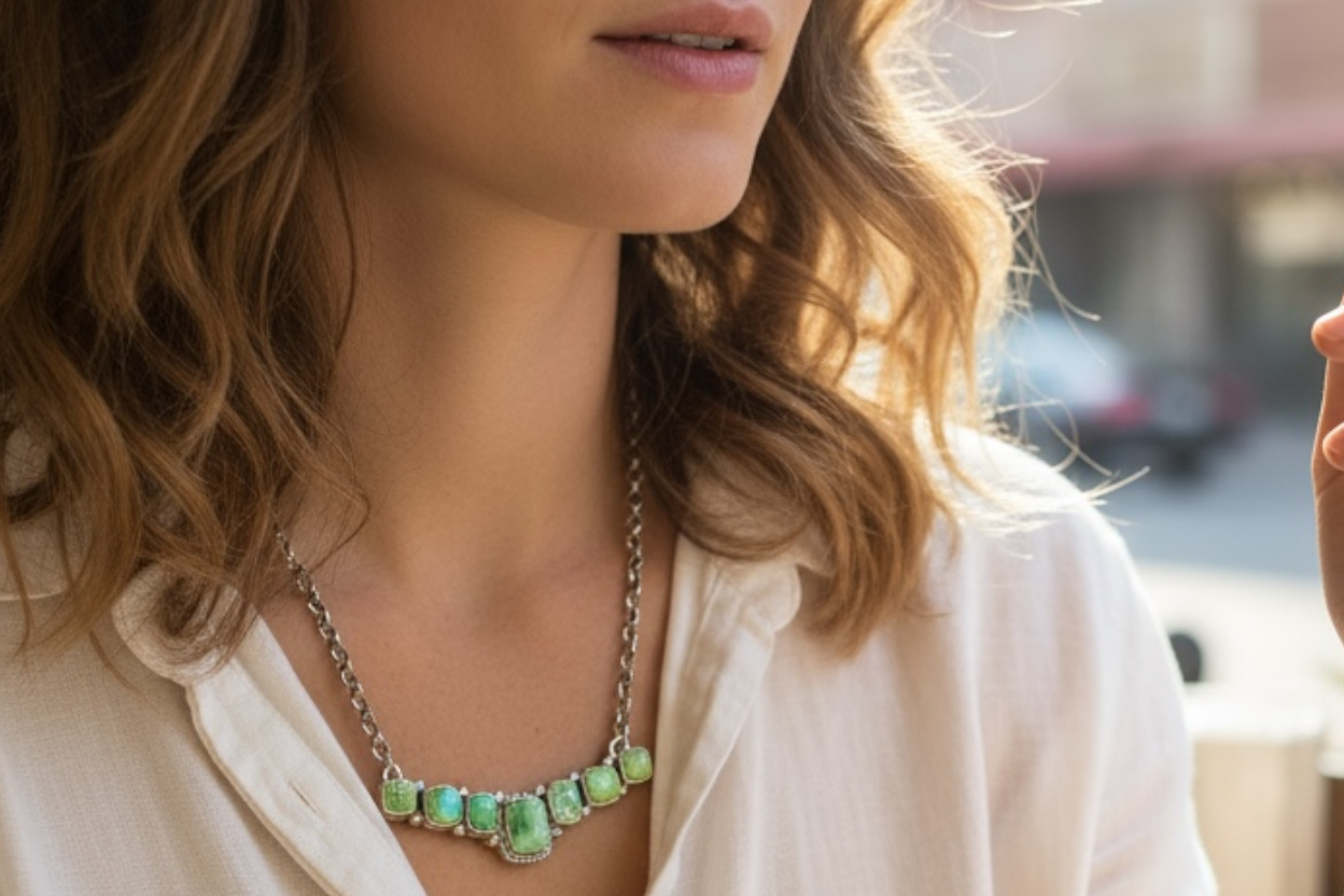 Bar Necklace – Square Sonoran Turquoise and Sterling Silver - 18” Chain Link – Russell Sam