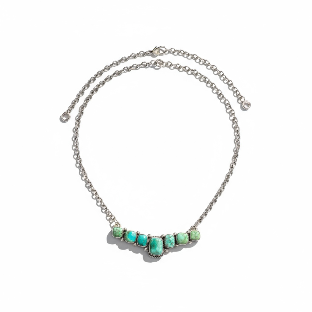 Bar Necklace – Square Sonoran Turquoise and Sterling Silver - 18” Chain Link – Russell Sam