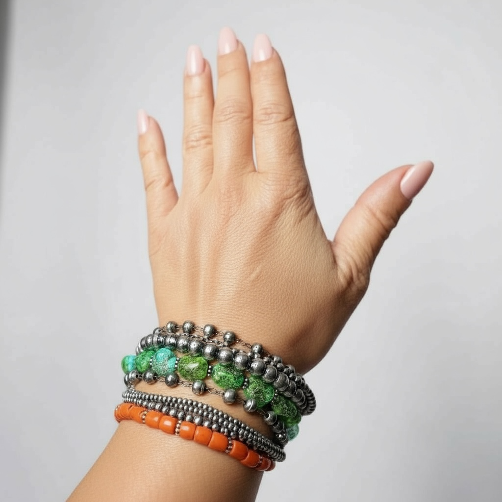 Multi Strand Bracelet - Silver Pearls, Turquoise, Coral - Zia Artisan Collection