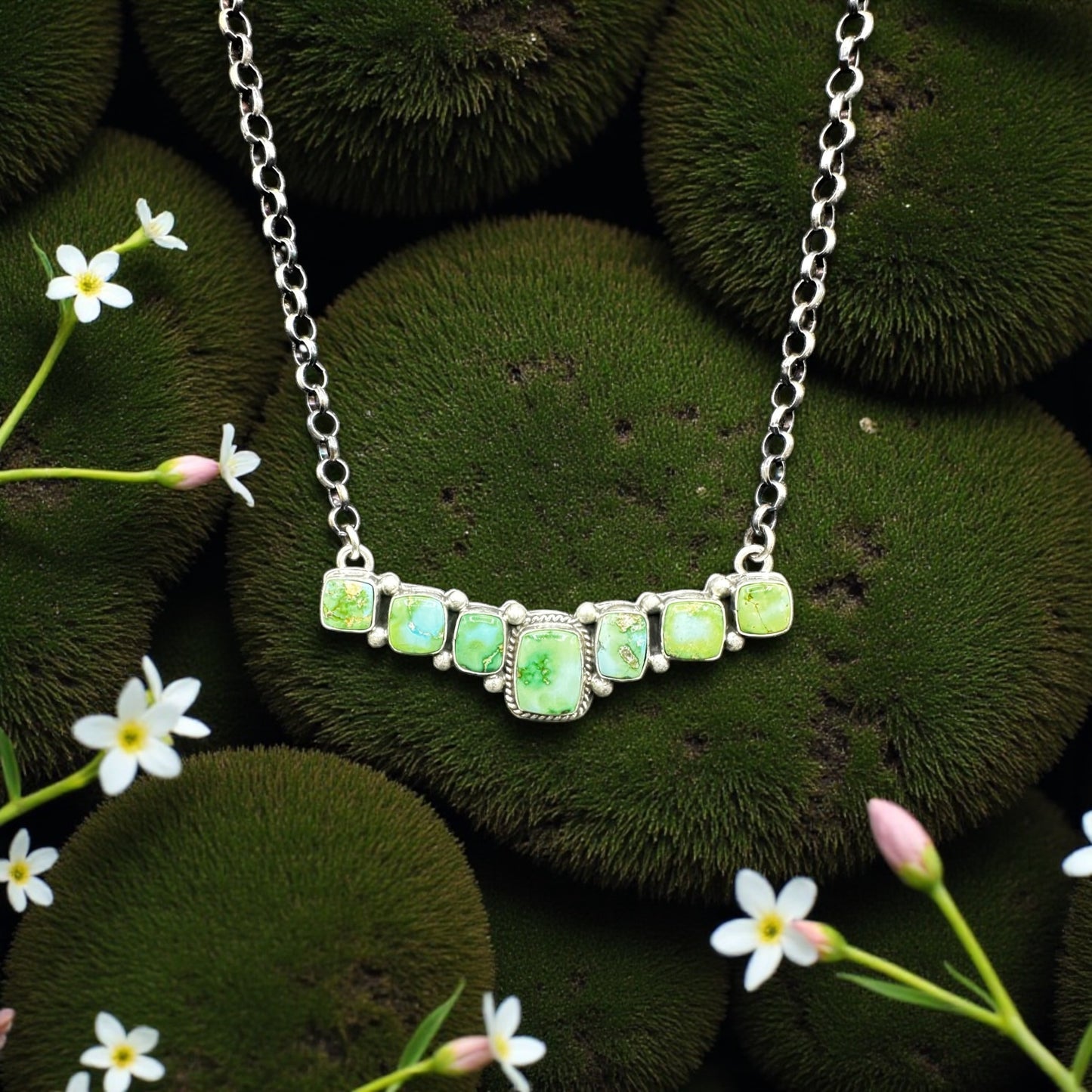 Bar Necklace – Square Sonoran Turquoise and Sterling Silver - 18” Chain Link – Russell Sam