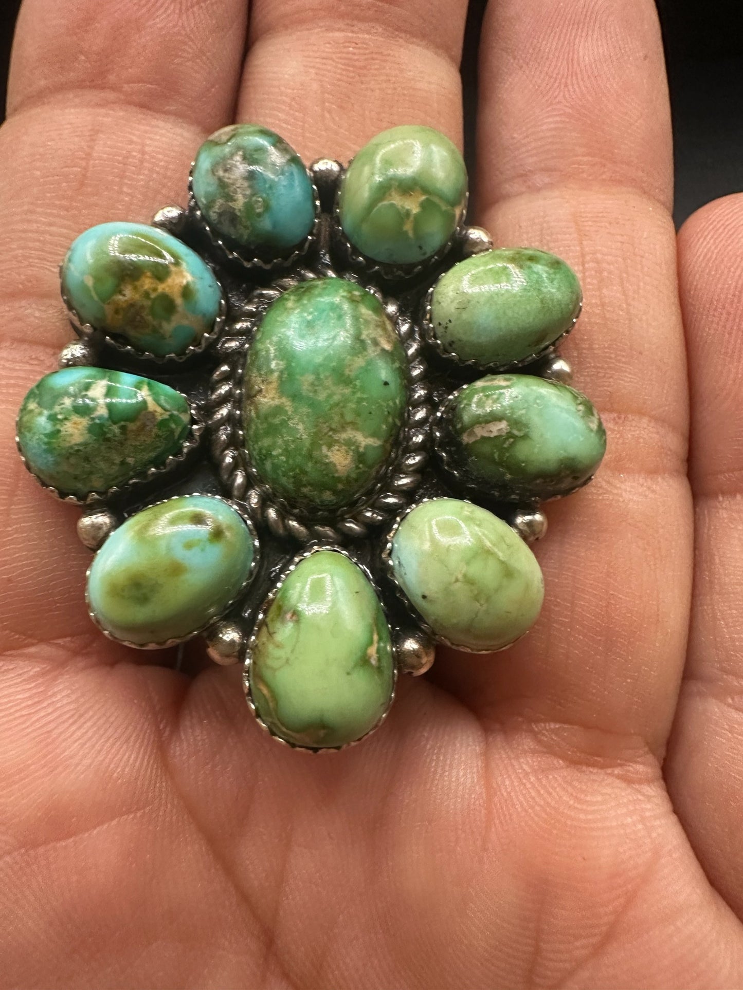 Large Multi Stone Cluster Ring  – Sterling Silver and Genuine Turquoise -  Authentic Handmade Native American – Pansy Johnson