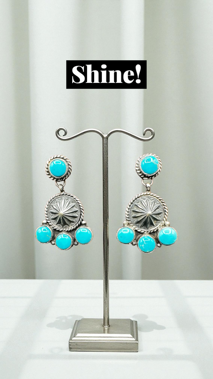 Cluster - Turquoise/Spiny Oyster and Sterling Silver - Drop Earrings - Handcrafted Native American