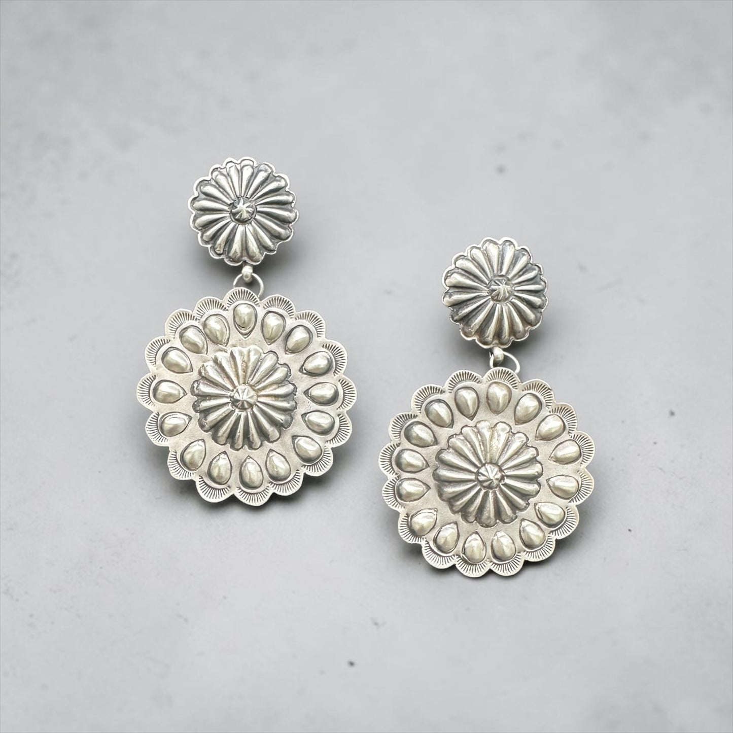 Large Concho Drop Earrings - Sterling Silver - Handmade by Eugene Charley