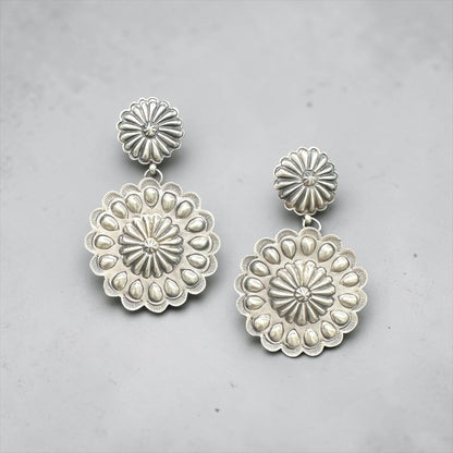 Large Concho Drop Earrings - Sterling Silver - Handmade by Eugene Charley