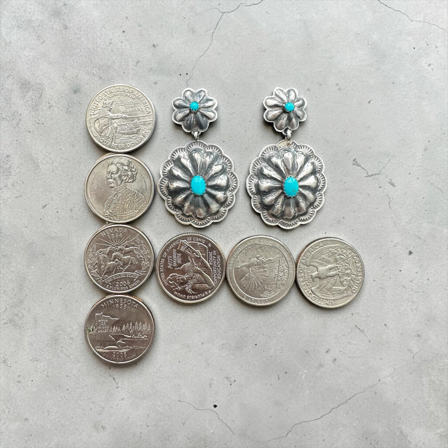 Medium Drop Concho Earrings - Sterling Silver and Kingman Turquoise - Handmade Native American - Rita Lee