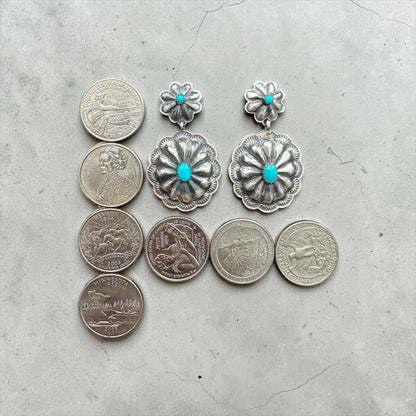 Medium Drop Concho Earrings - Sterling Silver and Kingman Turquoise - Handmade Native American - Rita Lee
