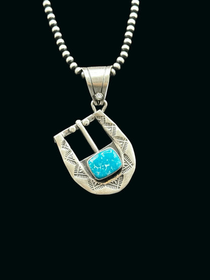 Leroy James – Belt Buckle Pendant – Sterling Silver and Genuine Turquoise-  Authentic Native American Handmade - American Sterling Silver - Made in USA