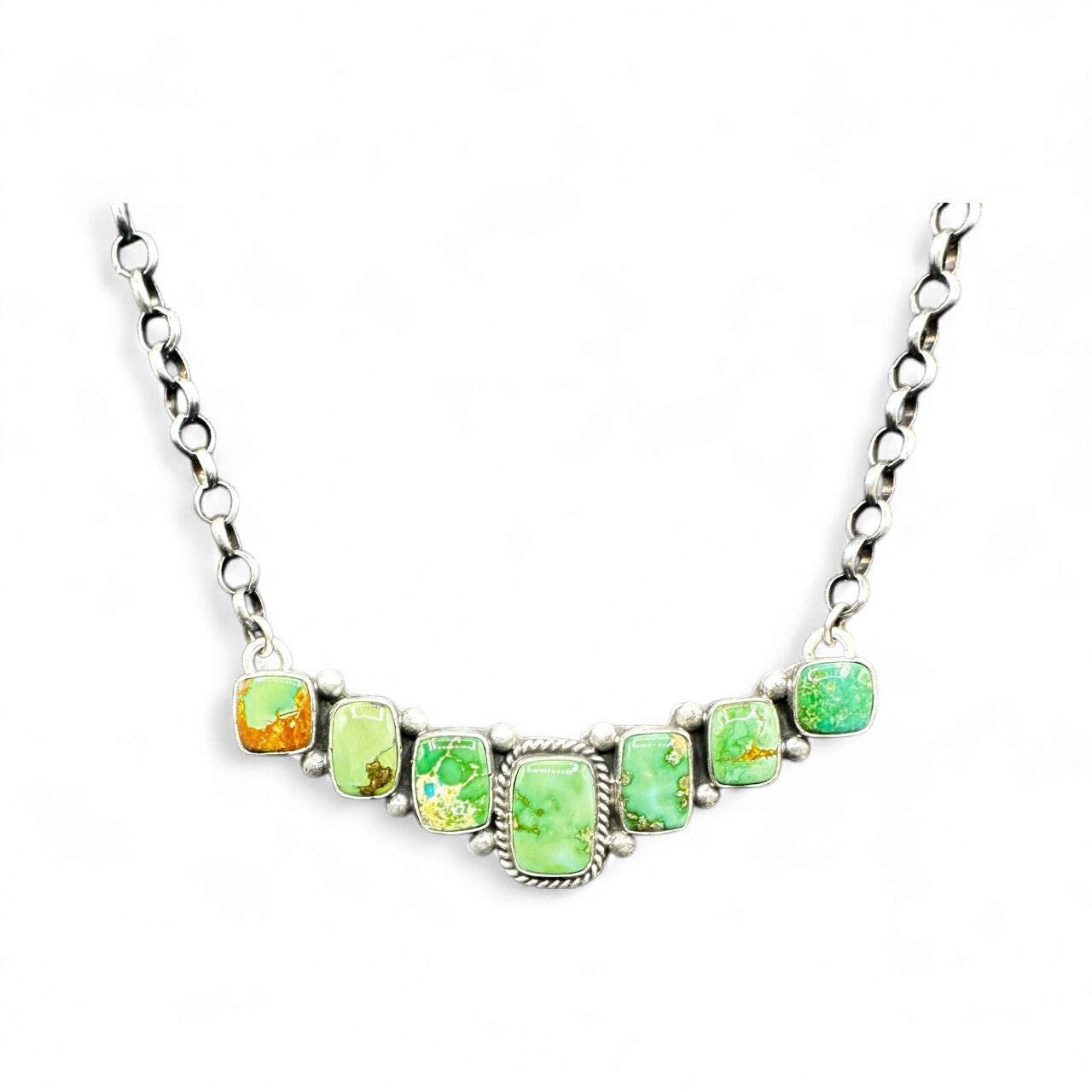Bar Necklace – Square Sonoran Turquoise and Sterling Silver - 18” Chain Link – Russell Sam