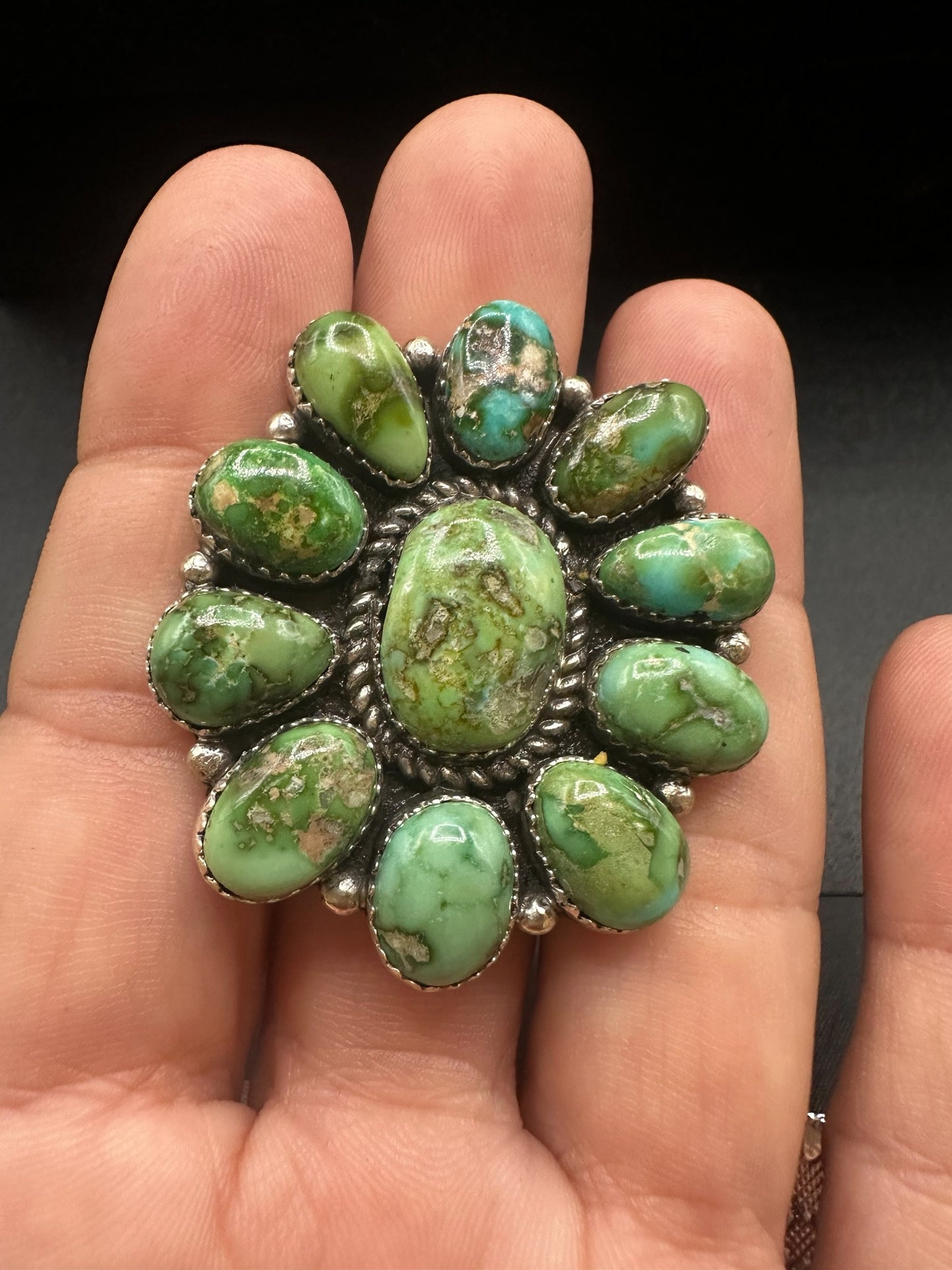 Large Multi Stone Cluster Ring  – Sterling Silver and Genuine Turquoise -  Authentic Handmade Native American – Pansy Johnson