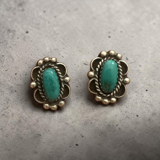 Medium Oval Cabochon Stud Earrings - Sterling Silver & Turquoise - Butterfly/Floral Design