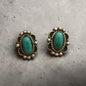 Medium Oval Cabochon Stud Earrings - Sterling Silver & Turquoise - Butterfly/Floral Design