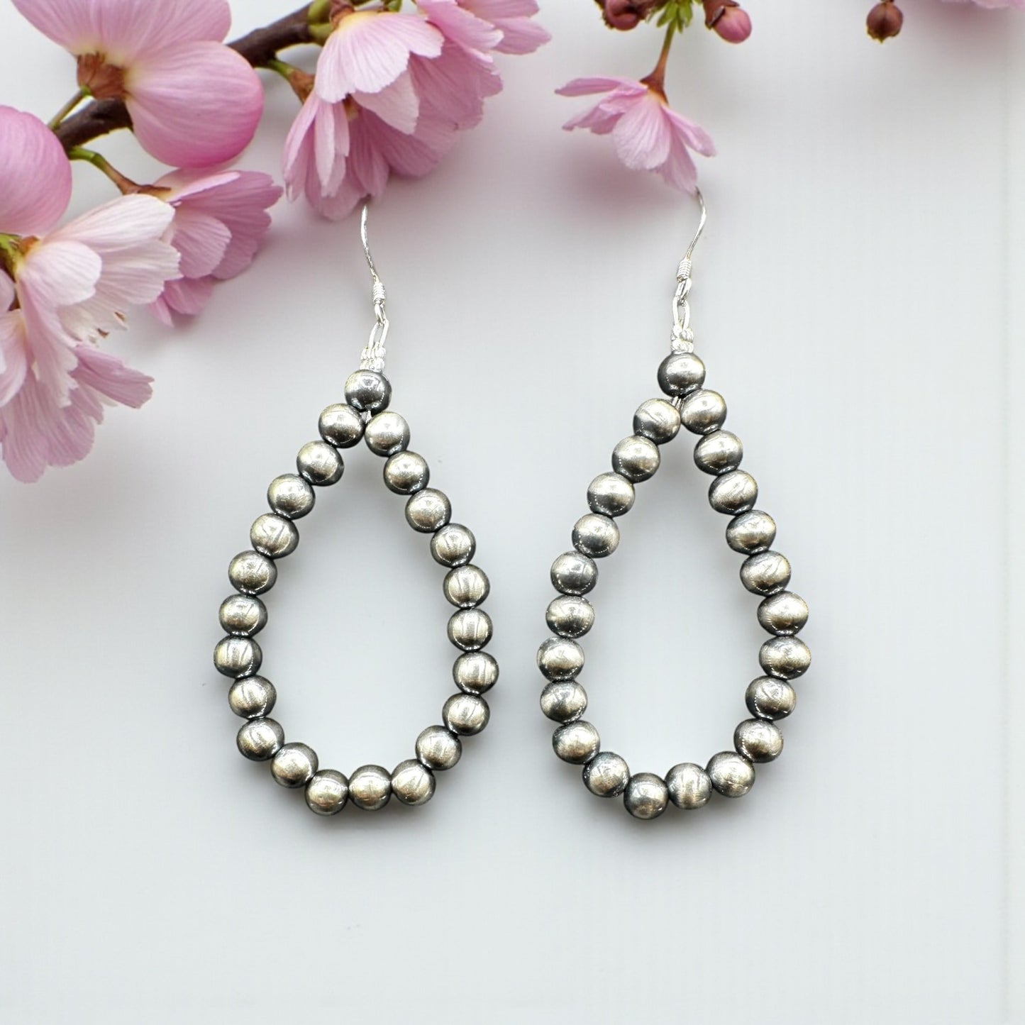 Teardrop Dangle Earrings - 5MM Pearls - Oxidized Sterling Silver - Hand Strung