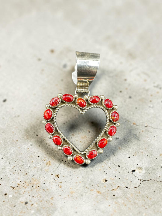 Medium Heart Pendant - Sterling Silver & Genuine Spiny Oyster - Handmade Native American - Tiffany Jones