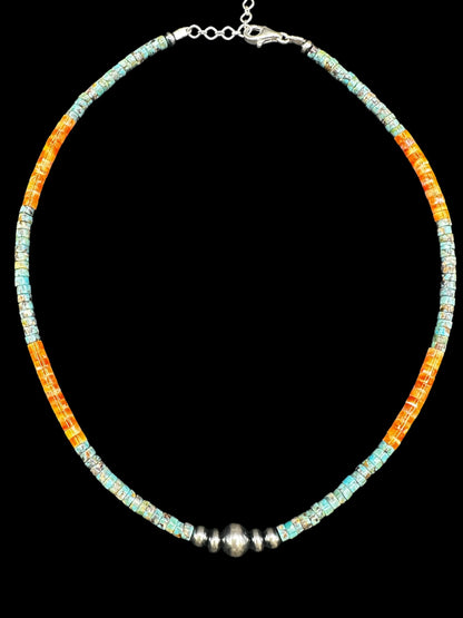 4MM Heishi Necklace – Genuine Turquoise, Spiny Oyster, and Sterling Silver Pearls - Handmade Native American | Pueblo Craft | New Mexico, USA