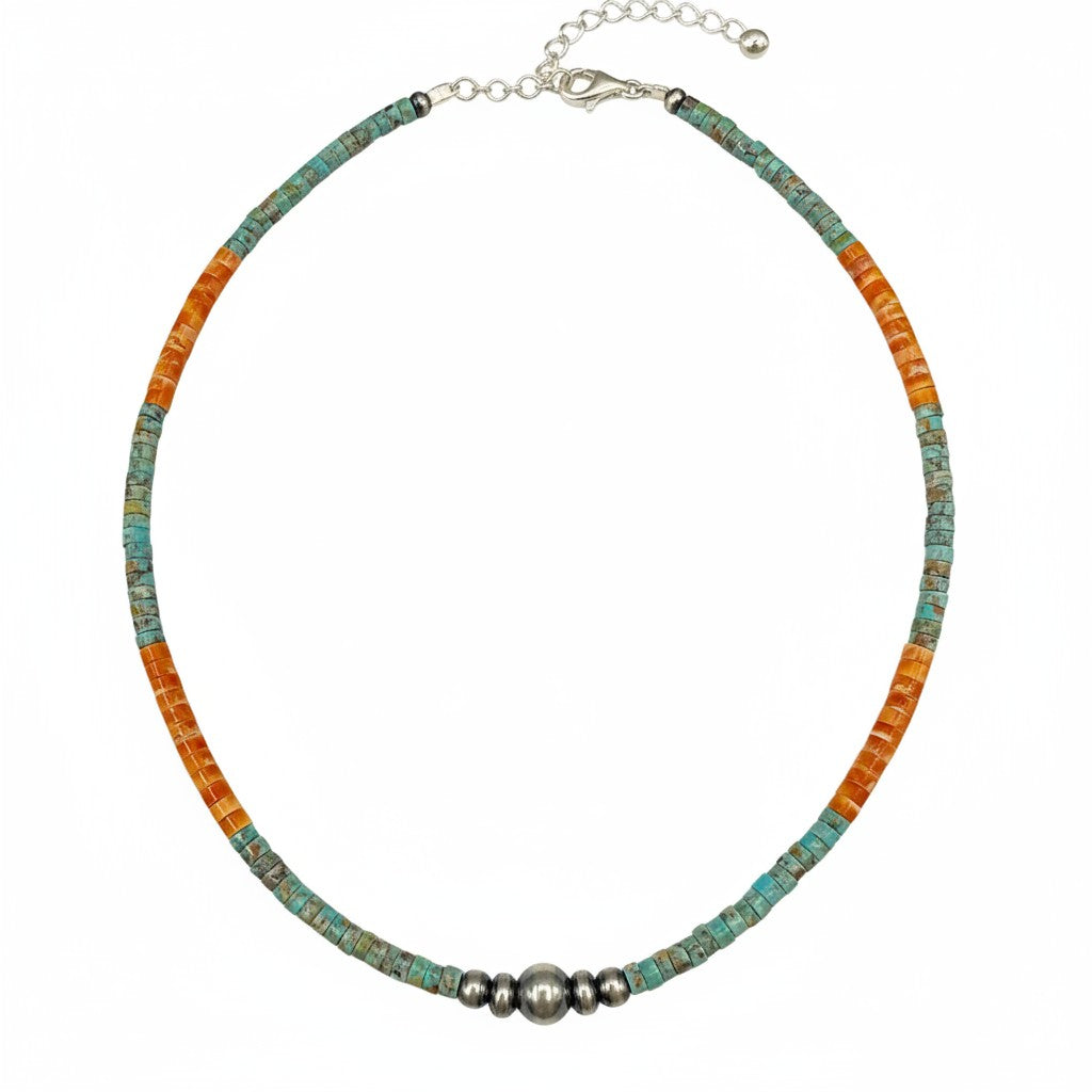 4MM Heishi Necklace – Genuine Turquoise, Spiny Oyster, and Sterling Silver Pearls - Handmade Native American | Pueblo Craft | New Mexico, USA