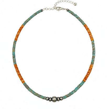 4MM Heishi Necklace – Genuine Turquoise, Spiny Oyster, and Sterling Silver Pearls - Handmade Native American | Pueblo Craft | New Mexico, USA