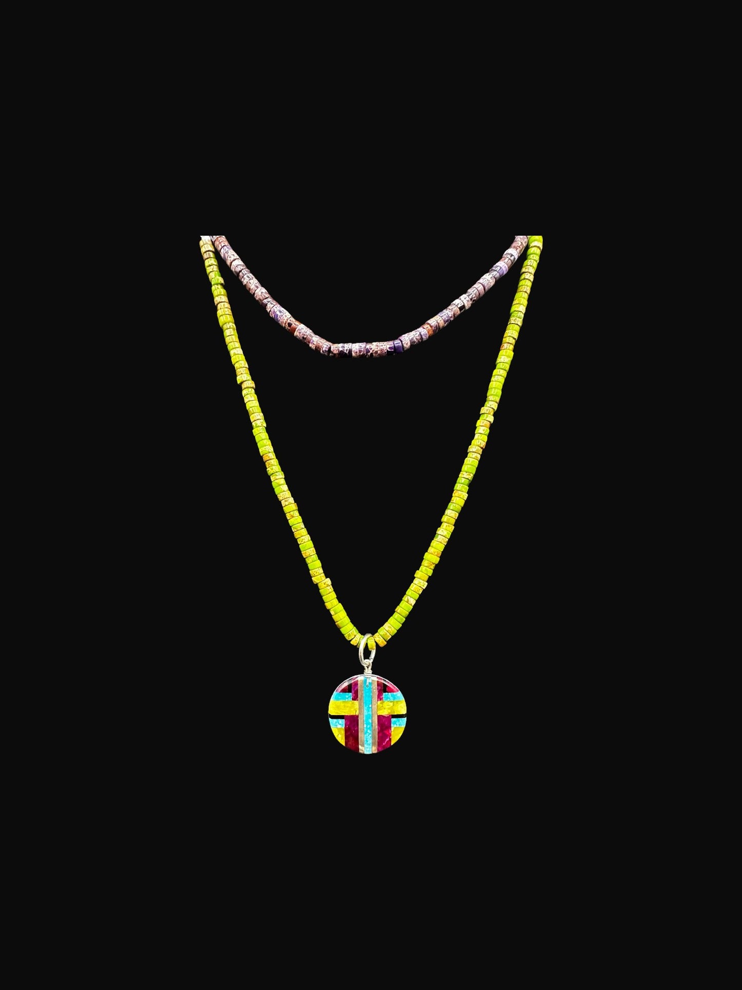 Double Heishi Necklace & Zuni Inlay Round Pendant Set - Spiny Oyster & Sage Turquoise Round- Handmade Artisan Collection
