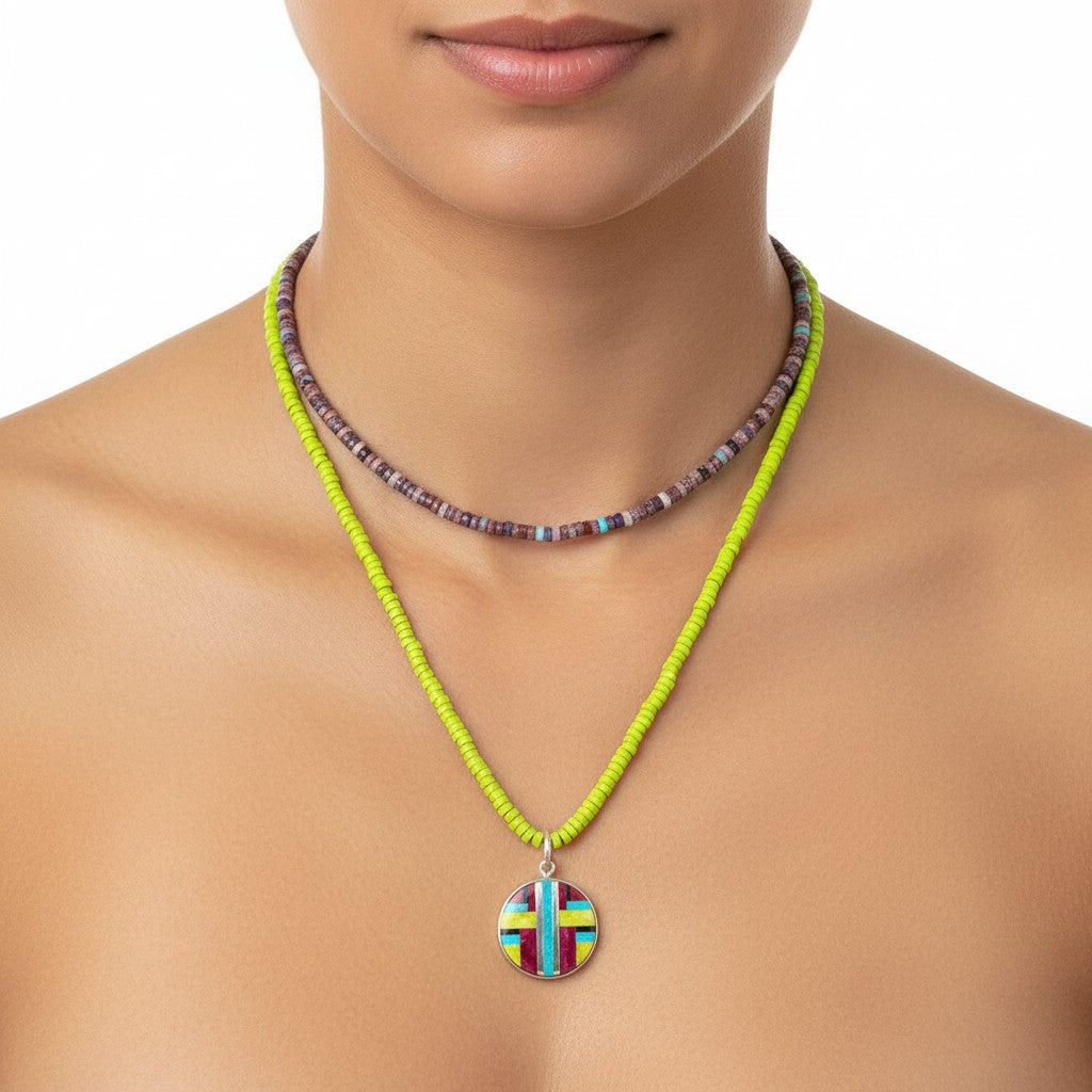 Double Heishi Necklace & Zuni Inlay Round Pendant Set - Spiny Oyster & Sage Turquoise Round- Handmade Artisan Collection