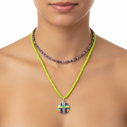 Double Heishi Necklace & Zuni Inlay Round Pendant Set - Spiny Oyster & Sage Turquoise Round- Handmade Artisan Collection