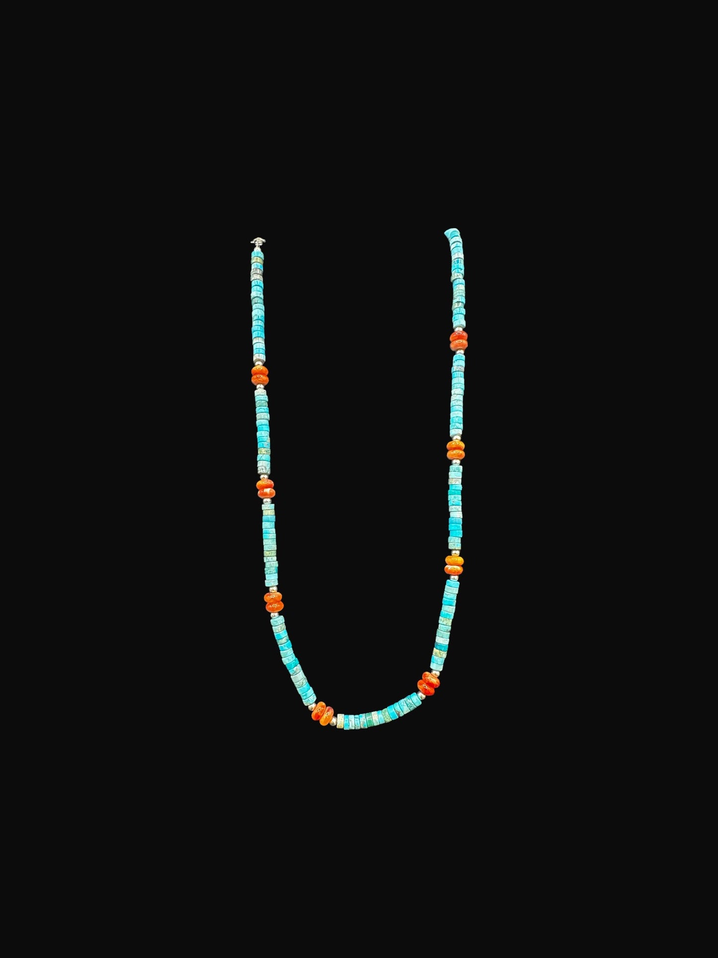 4MM Heishe Turquoise Necklace & Orange Spiny Oyster Rondelle Beads  - Hand Strung Artisan Collection