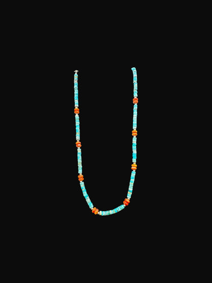 4MM Heishe Turquoise Necklace & Orange Spiny Oyster Rondelle Beads  - Hand Strung Artisan Collection