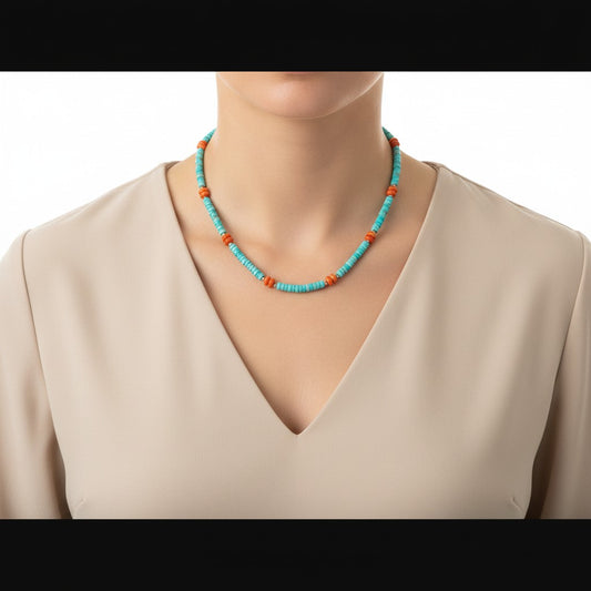 4MM Heishe Turquoise Necklace & Orange Spiny Oyster Rondelle Beads  - Hand Strung Artisan Collection